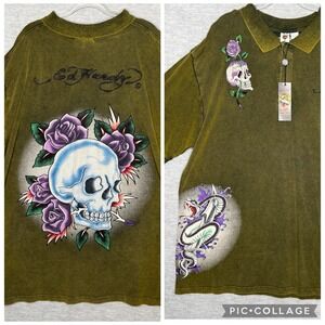 Ed Hardy Olive & Purple Polo with Skull, Roses & Snake Tattoo Rhinstone